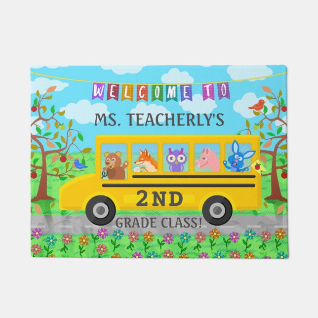 Teacher Classroom Welcome | Cute Animals on Bus Doormat (Front)