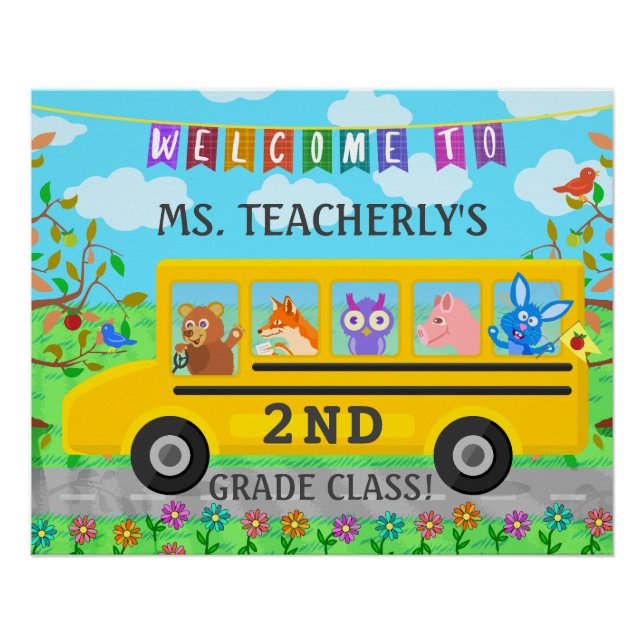 Teacher Classroom Welcome Sign Cute Animals on Bus (Front)