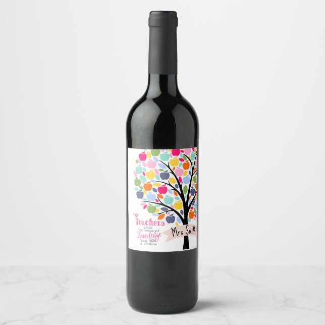 Teacher Colourful apple Tree thank you gift Wine Label (Front)