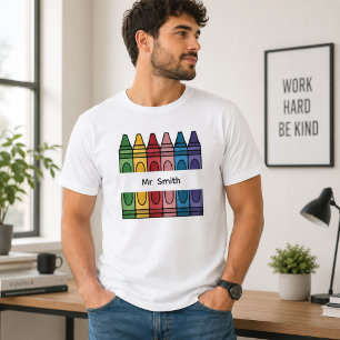 Teacher Colourful Crayon Box Split Name Classroom T-Shirt