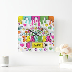 Teacher: Colourful, Floral, Inspiring Design Square Wall Clock
