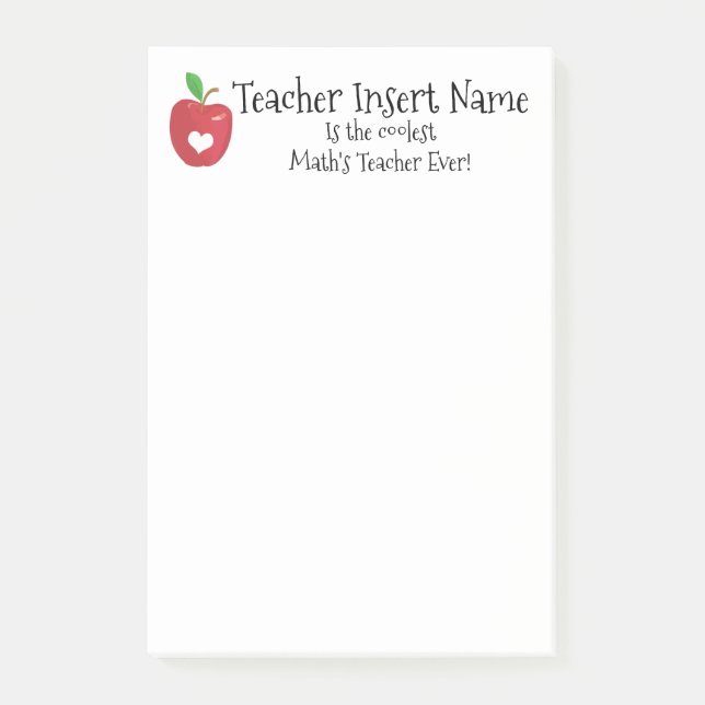 Teacher coolest red apple heart insert subject post-it notes (Front)