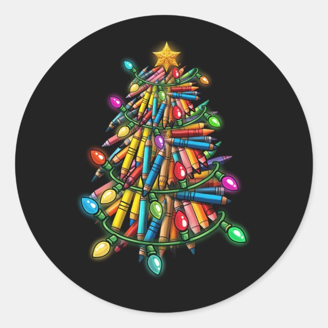 Teacher Crayon Christmas Tree Shape Light Surround Classic Round Sticker (Front)