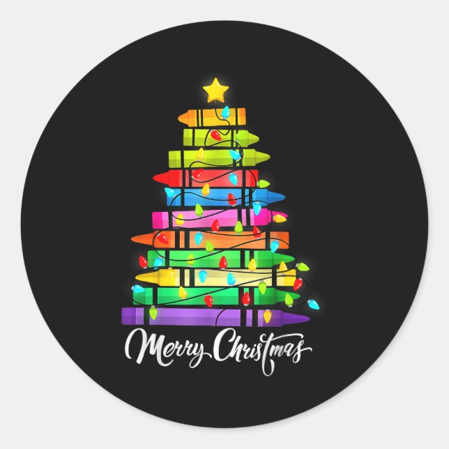 Teacher Crayon Merry Christmas Tree Lights School  Classic Round Sticker (Front)