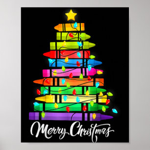 Teacher Crayon Merry Christmas Tree Lights School Poster