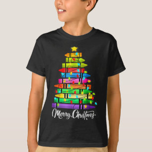 Teacher Crayon Merry Christmas Tree Lights School  T-Shirt