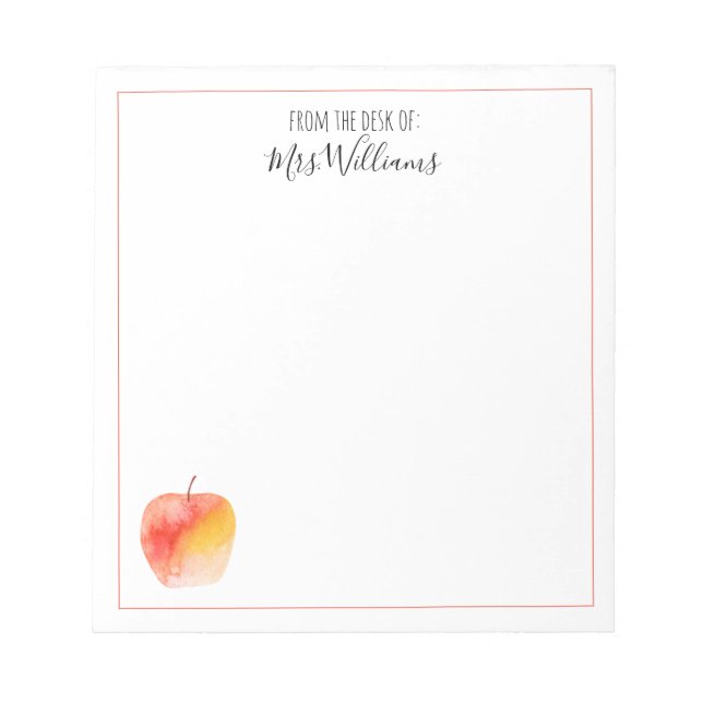 Teacher Custom Name Gift Watercolor Apple Notepad (Front)