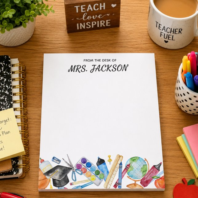 Teacher Custom Name Watercolor School Supplies Notepad (Creator Uploaded)