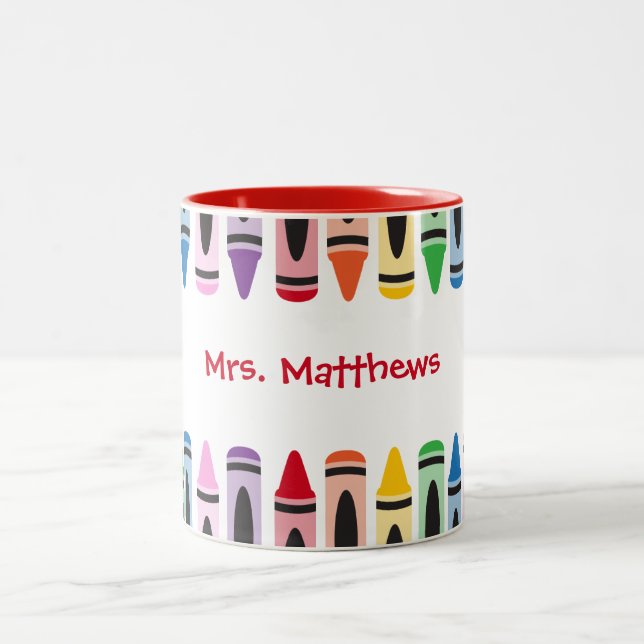 Teacher Cute Color Crayon Monogram Two-Tone Coffee Mug (Center)