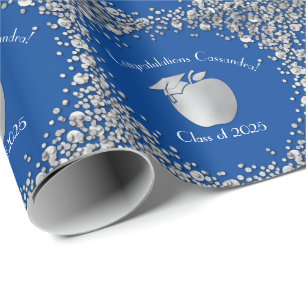 Teacher Education Graduation Blue Silver Wrapping Paper