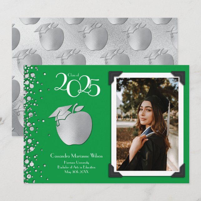 Teacher Education Silver Graduation Green Invitation (Front/Back)