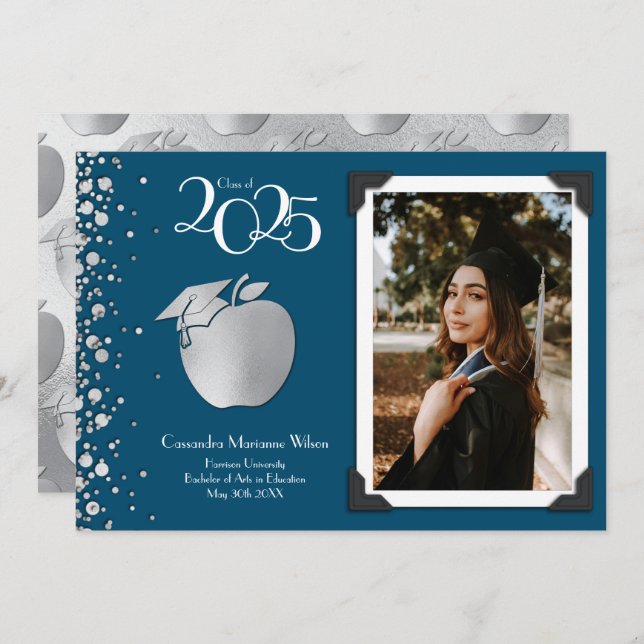 Teacher Education Silver Graduation Navy Blue Invitation (Front/Back)