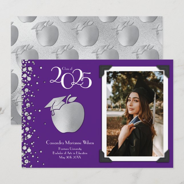 Teacher Education Silver Graduation Purple Invitation (Front/Back)