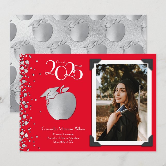 Teacher Education Silver Graduation Red Invitation (Front/Back)