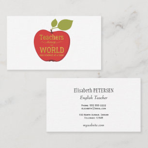 Teacher elegant red apple with quote gold script business card