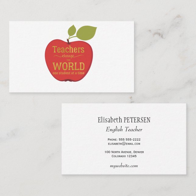Teacher elegant red apple with quote gold script business card (Front/Back)