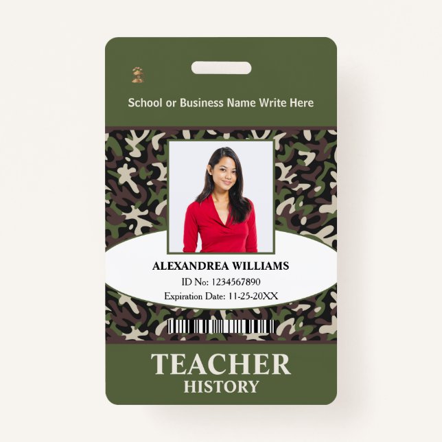 Teacher Employee Photo Name Camo Pattern ID Custom Badge (Front)
