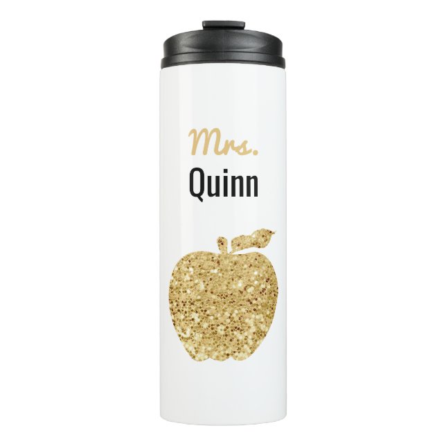 Teacher Faux Sequin Gold Apple Personalized Glam Thermal Tumbler (Front)