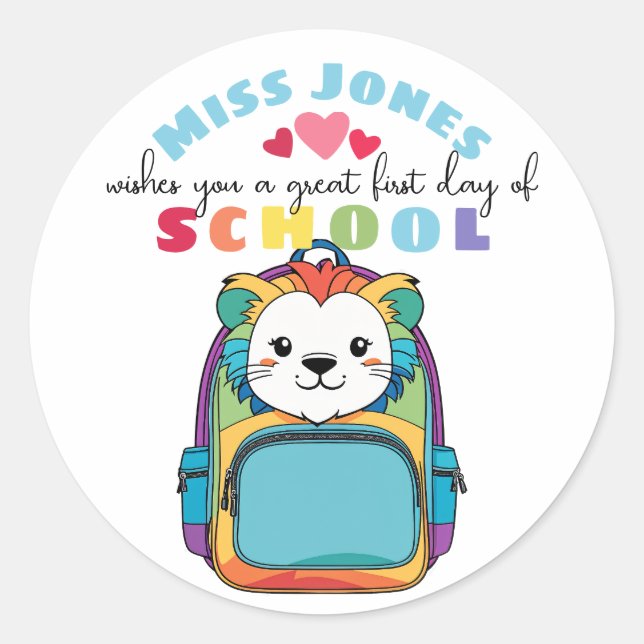 teacher first day, class welcome cute lion classic round sticker (Front)