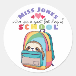 teacher first day of term class welcome sloth classic round sticker