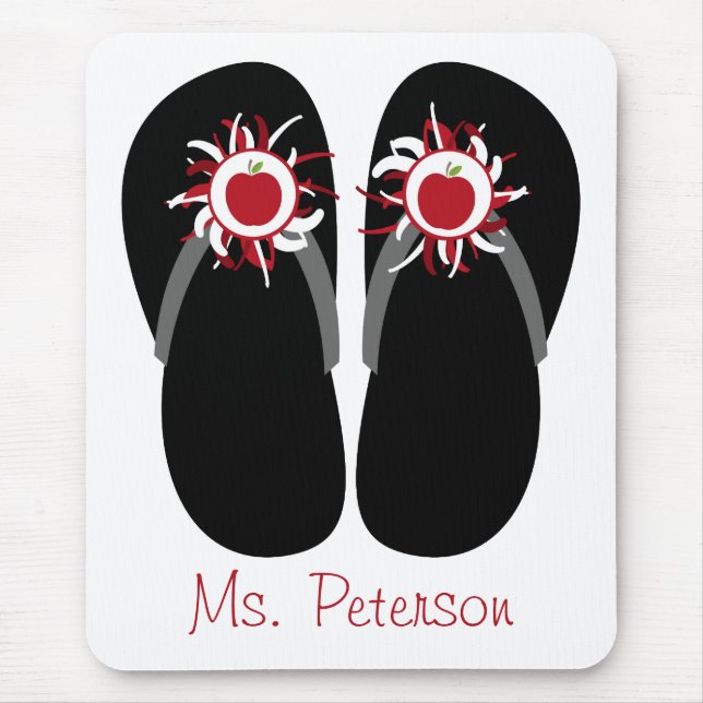 Teacher Flip Flops With Red Apples & Pom Poms Mouse Pad (Front)