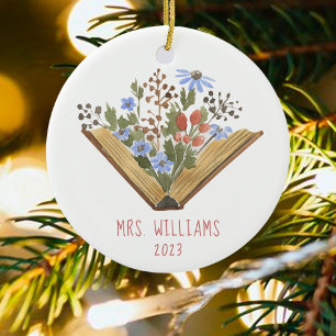 Teacher Floral Books Ceramic Ornament