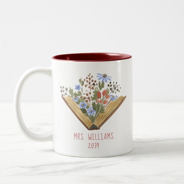 Teacher Floral Books  Two-Tone Coffee Mug (Left)