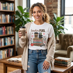 Teacher Fuel Leopard Print Stack of Books T-Shirt