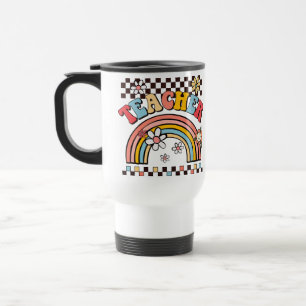 Teacher gift groovy boho rainbow chequerboard travel mug