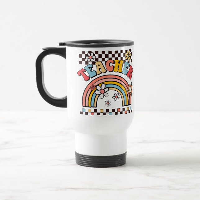 Teacher gift groovy boho rainbow chequerboard  travel mug (Left)