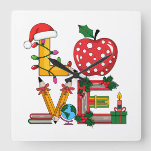 Teacher Gift Love Pencil Apple Books Square Wall Clock