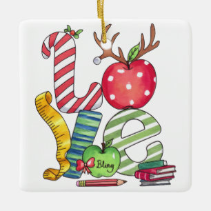 Teacher Gift   Love Pencil Apple Ceramic Ornament