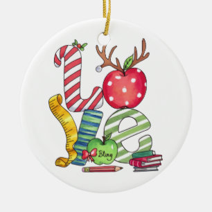 Teacher Gift Love Pencil Apple Ceramic Ornament