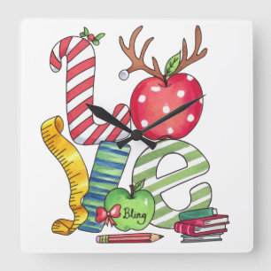 Teacher Gift Love Pencil Apple Square Wall Clock