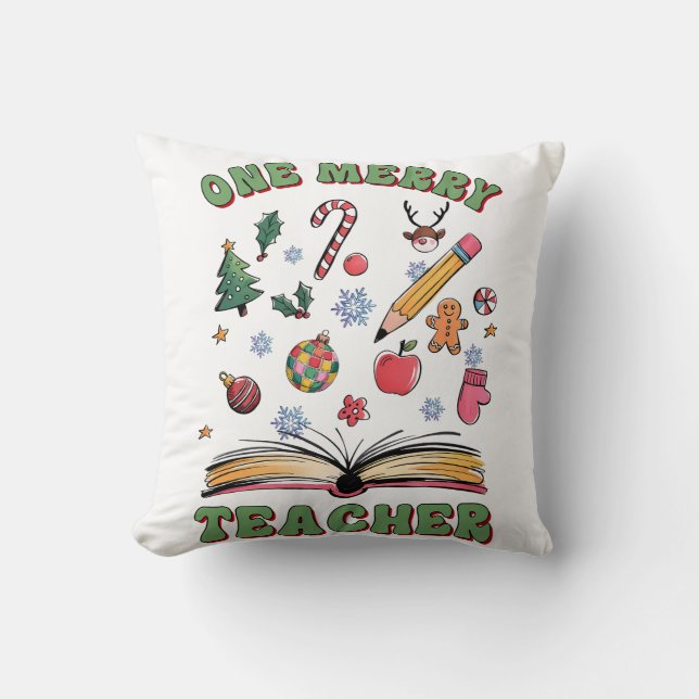 Teacher Gift | One Merry Teacher Throw Pillow (Front)