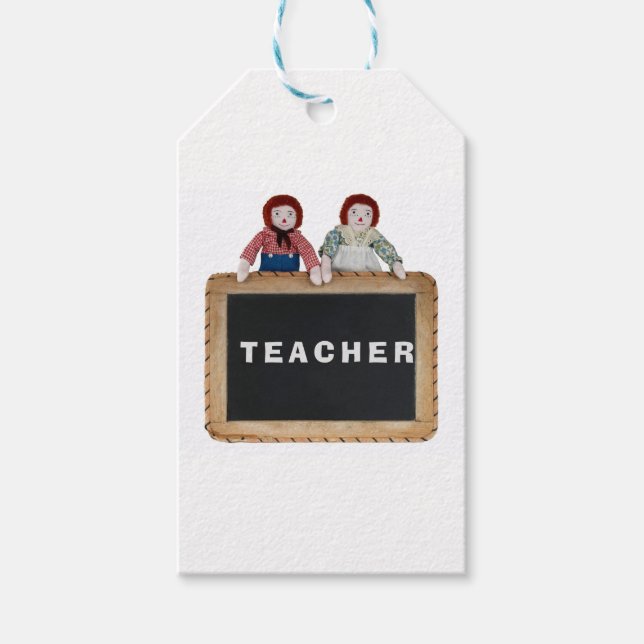 TEACHER gift tag card Raggedy Ann Andy chalkboard. (Front)
