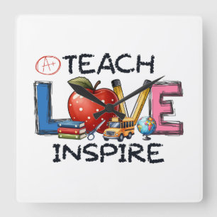 Teacher Gift Teach Love Inspire Square Wall Clock