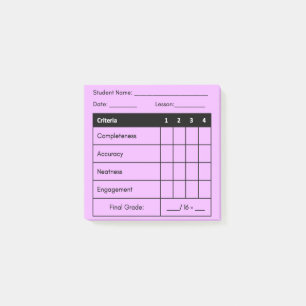 Teacher Grading Rubric Classwork Pink Post It Note