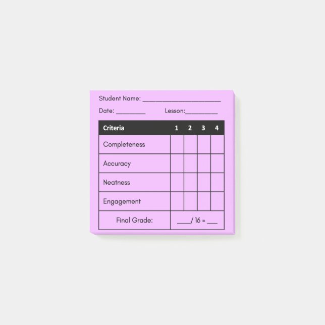 Teacher Grading Rubric Classwork Pink Post It Note (Front)