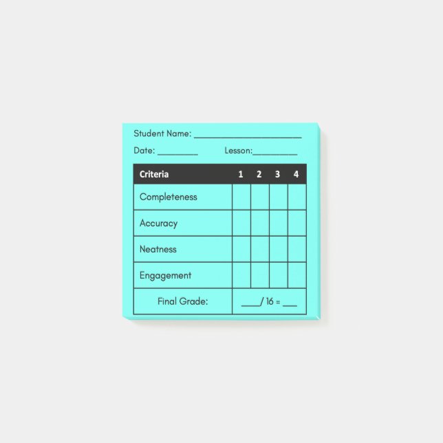 Teacher Grading Rubric for Classwork in Blue Post-it Notes (Front)