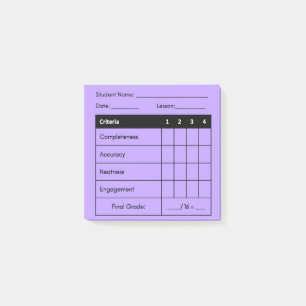 Teacher Grading Rubric for Classwork in Purple Post-it Notes