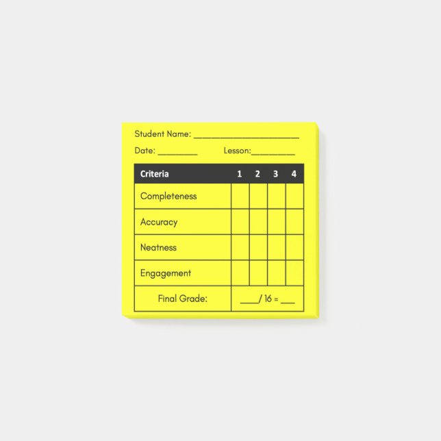 Teacher Grading Rubric for Classwork in Yellow Post-it Notes (Front)