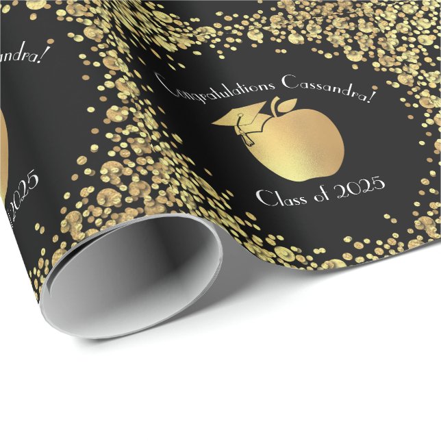 Teacher Graduation Black Gold Wrapping Paper (Roll Corner)