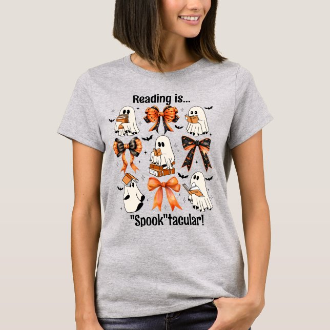 Teacher Halloween Coquette Bows and Reading Ghosts T-Shirt (Front)