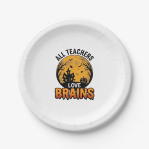Teacher Halloween Love Brains Vintage Design_1 Paper Plate