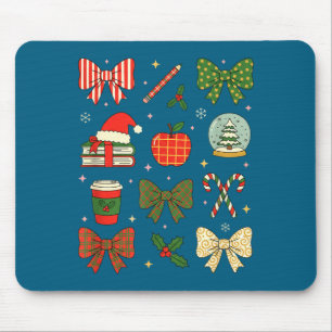 Teacher Holiday Plaid Bows Snow Globe Candy Cane - Mouse Pad