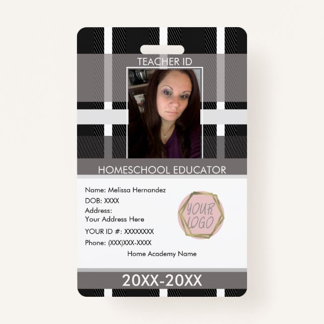 Teacher Homeschooling School Mom ID Plaid Badge (Front)