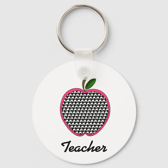 Teacher Keychain- Houndstooth Apple With Pink Trim Keychain (Front)