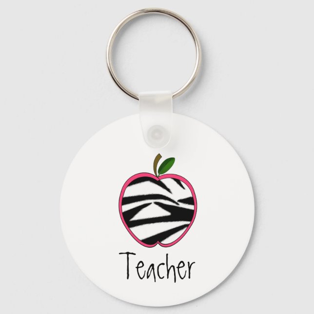 Teacher Keychain -Zebra Print Apple w Pink Outline (Front)
