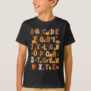 Teacher Kids Alphabet Turkey Pumpkin Autumn Thanks T-Shirt